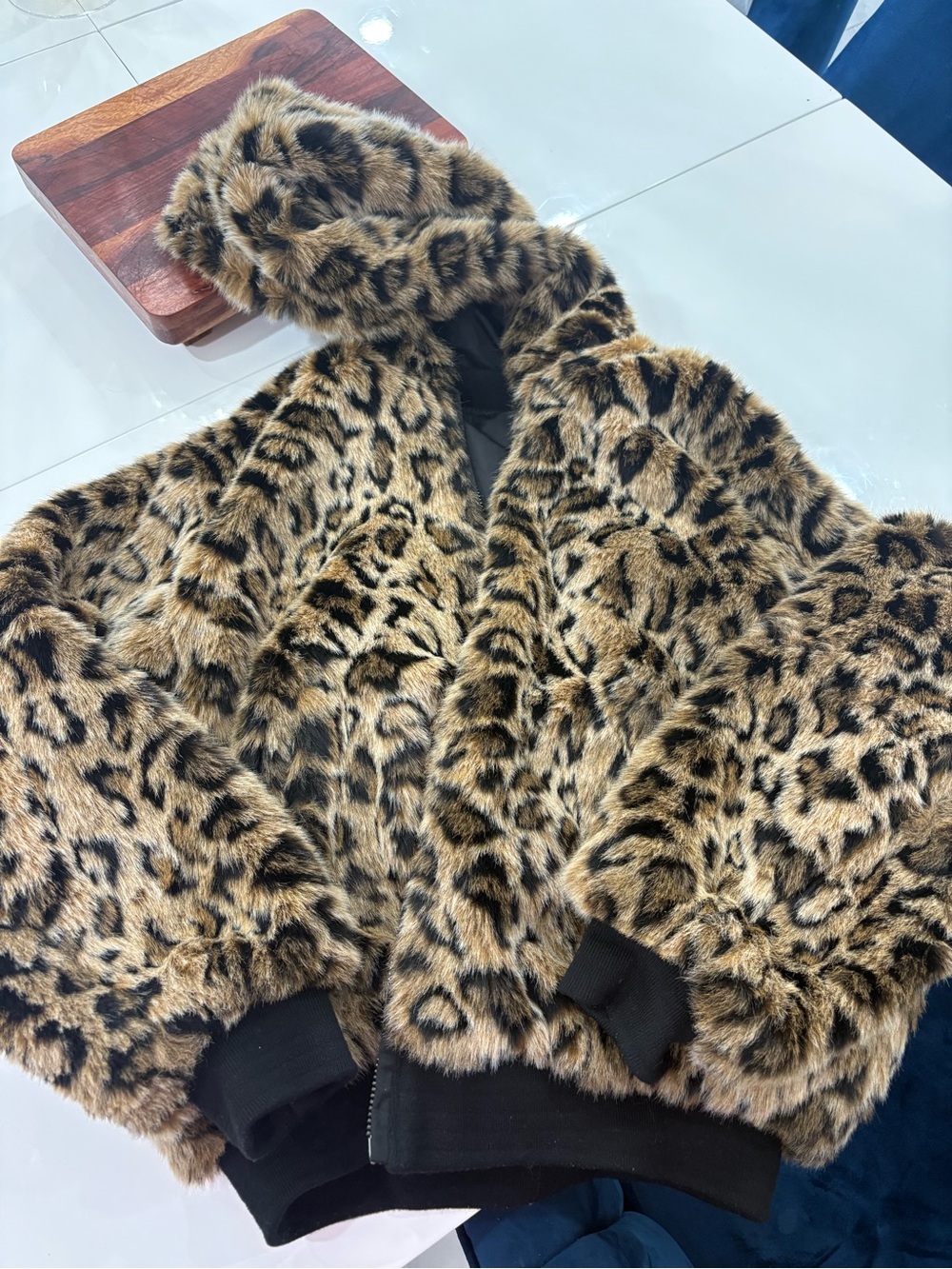 American Eagle Outfitters Leopard Print Faux Fur Hooded Jacket - oversized